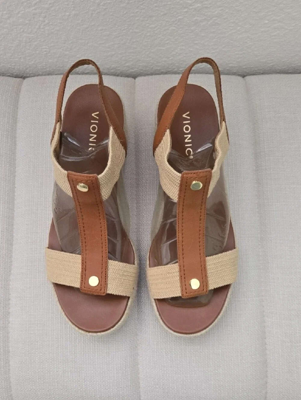 Vionic Brown & Beige T-Strap Slingback Wedge Sandals